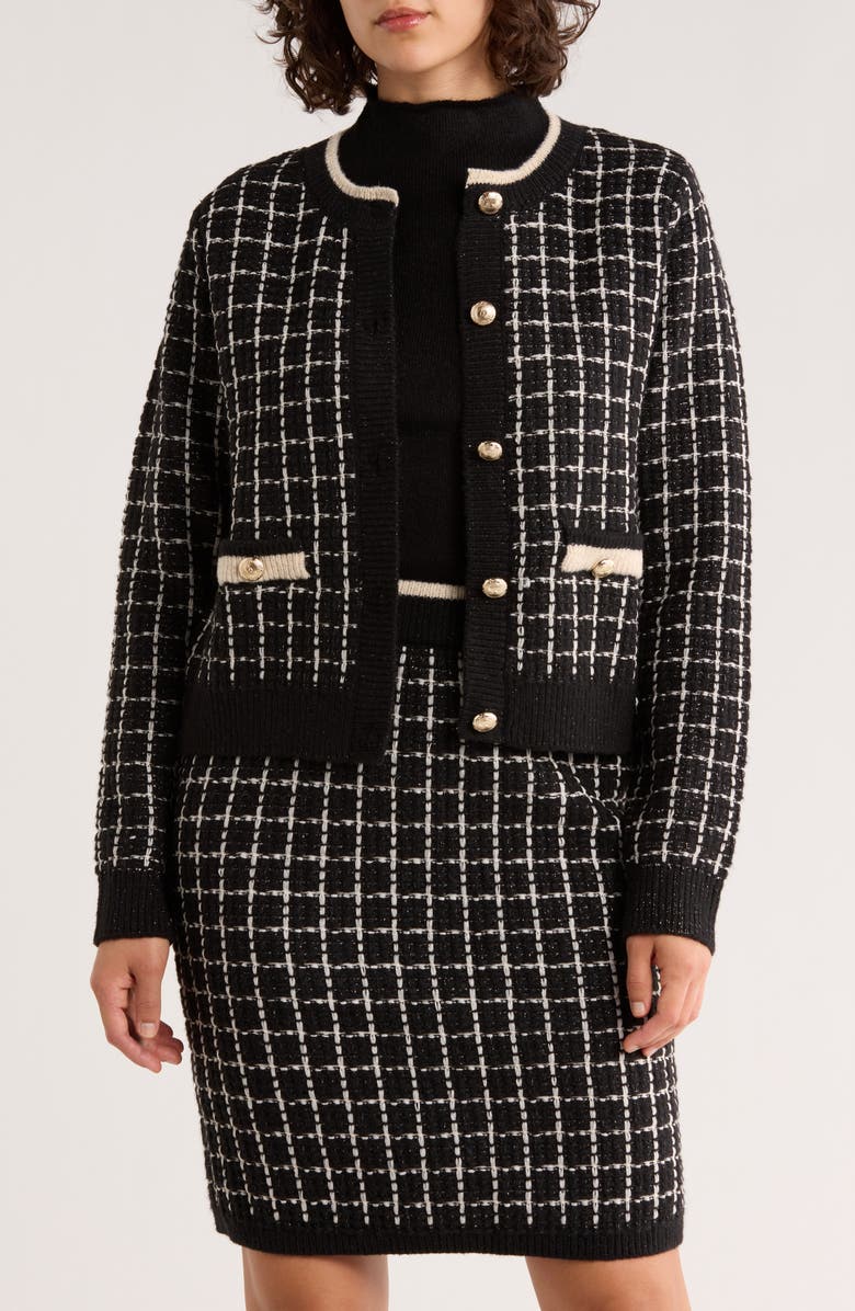 Ellen Tracy Plaid Stitch Cardigan, Main, color, Black Check
