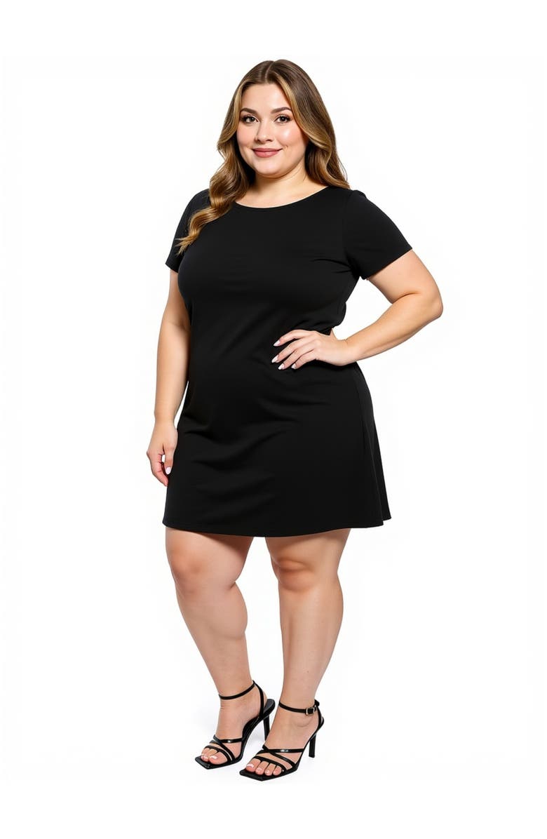24seven Comfort Apparel Plus Size Solid Short Sleeve Round Neck Mini Shift Dress, Main, color, Black