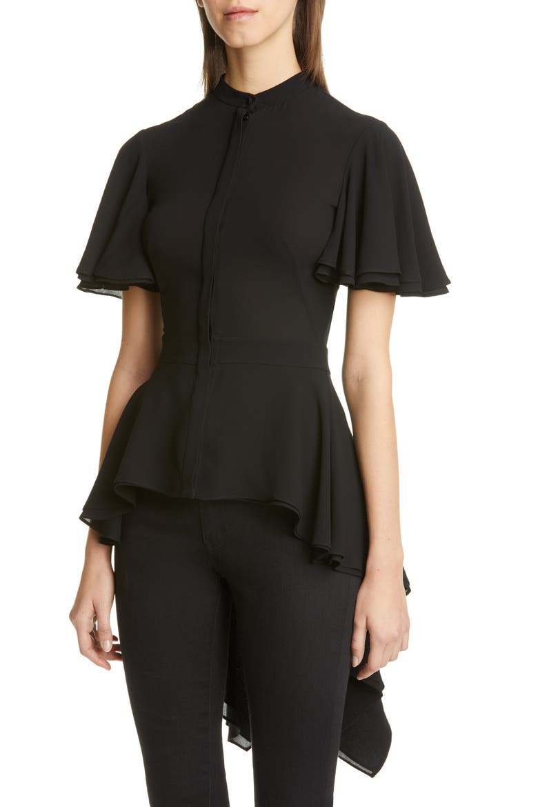 Alexander McQueen Silk High/Low Peplum Blouse, Main, color, BLACK
