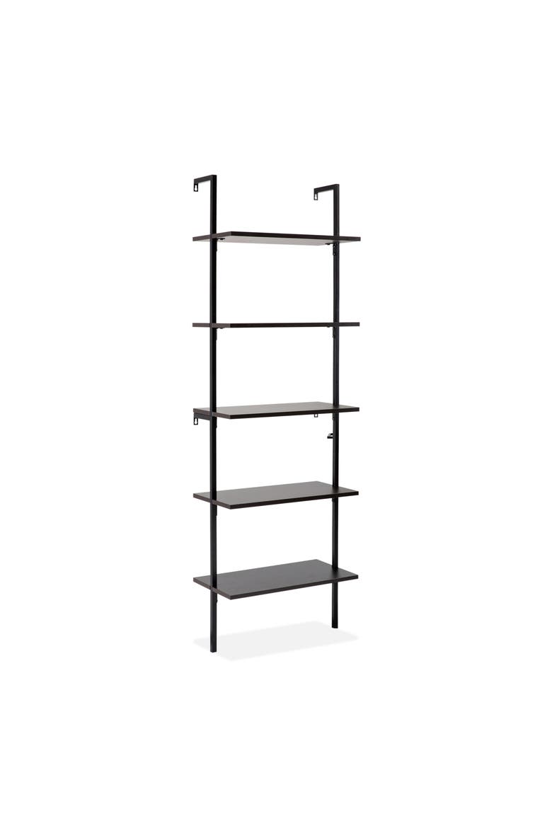 Madera Classic Industrial Shelf Wood Wall-Mounted Open Ladder Bookcase with Metal Frame, Alternate, color, Black/Black
