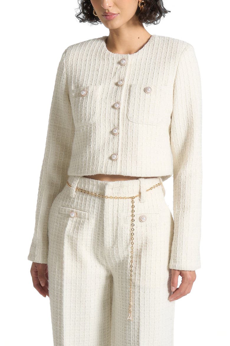 Celine Cropped Tweed Jacket with Pearls, Alternate, color, Cream
