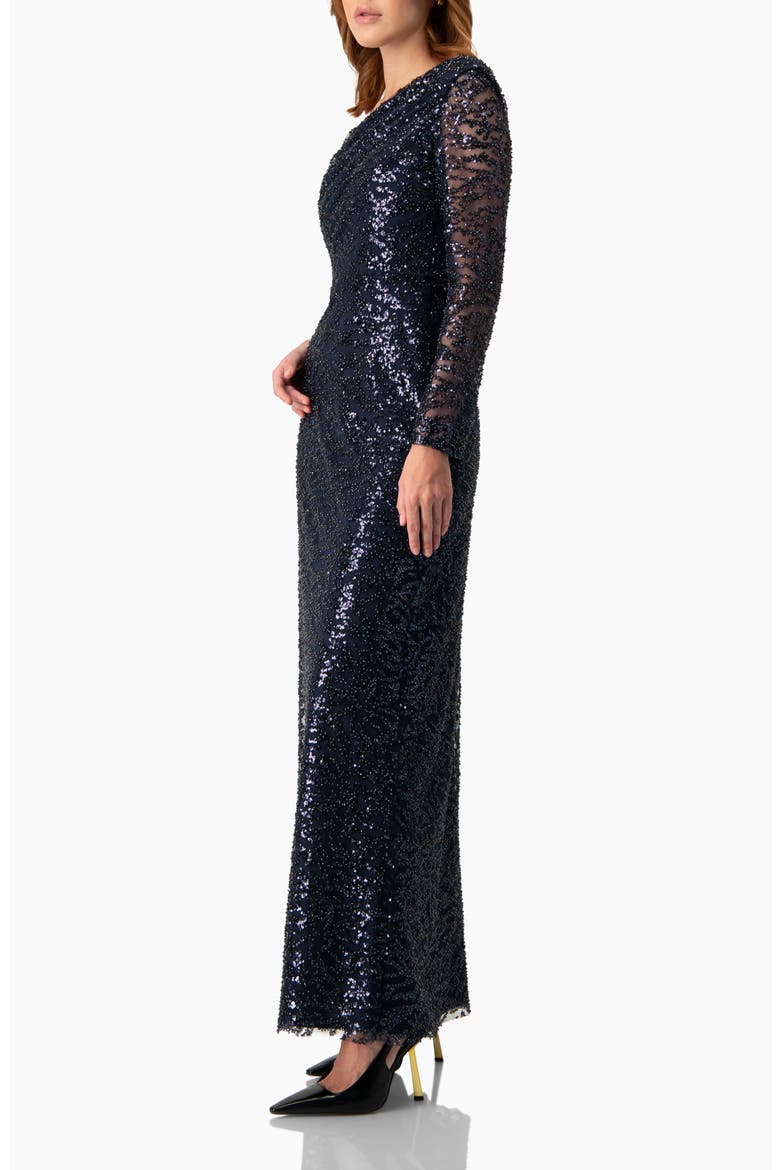 Embroided Gown with Front Slit and One Sleeve, Alternate, color, Navy Blue