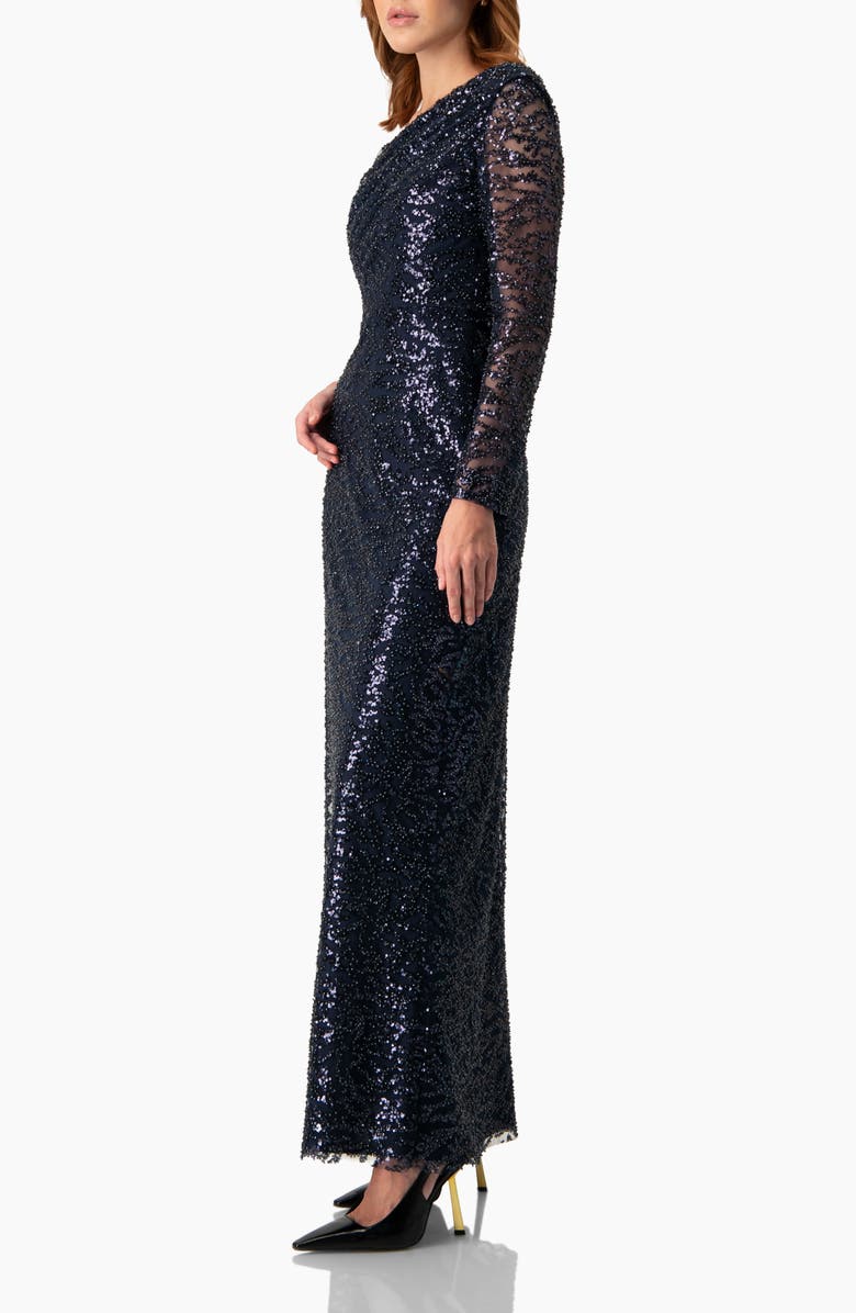IVONNE Embroided Gown with Front Slit and One Sleeve, Alternate, color, Navy Blue