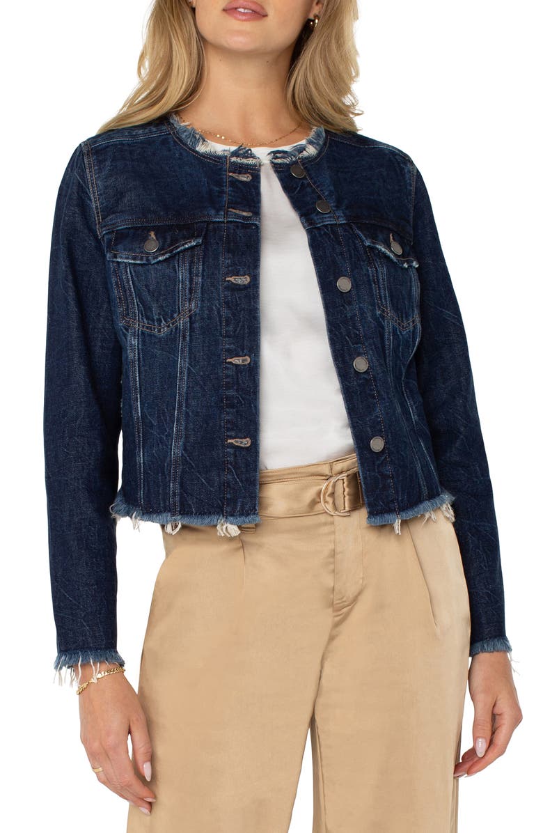Liverpool Los Angeles Frayed Collarless Crop Denim Jacket, Main, color,