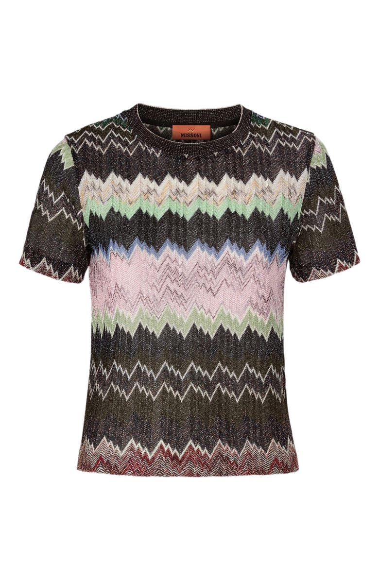 Missoni Crew-neck T-shirt In Viscose Lamé With Irregular Zig Zag, Alternate, color, Green& Brown