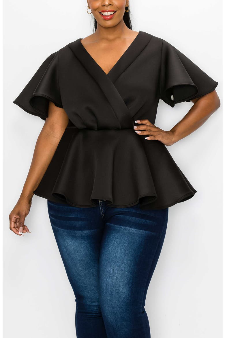 Siobhan Flutter Sleeve Scuba Knit Peplum Top, Alternate, color, BLACK