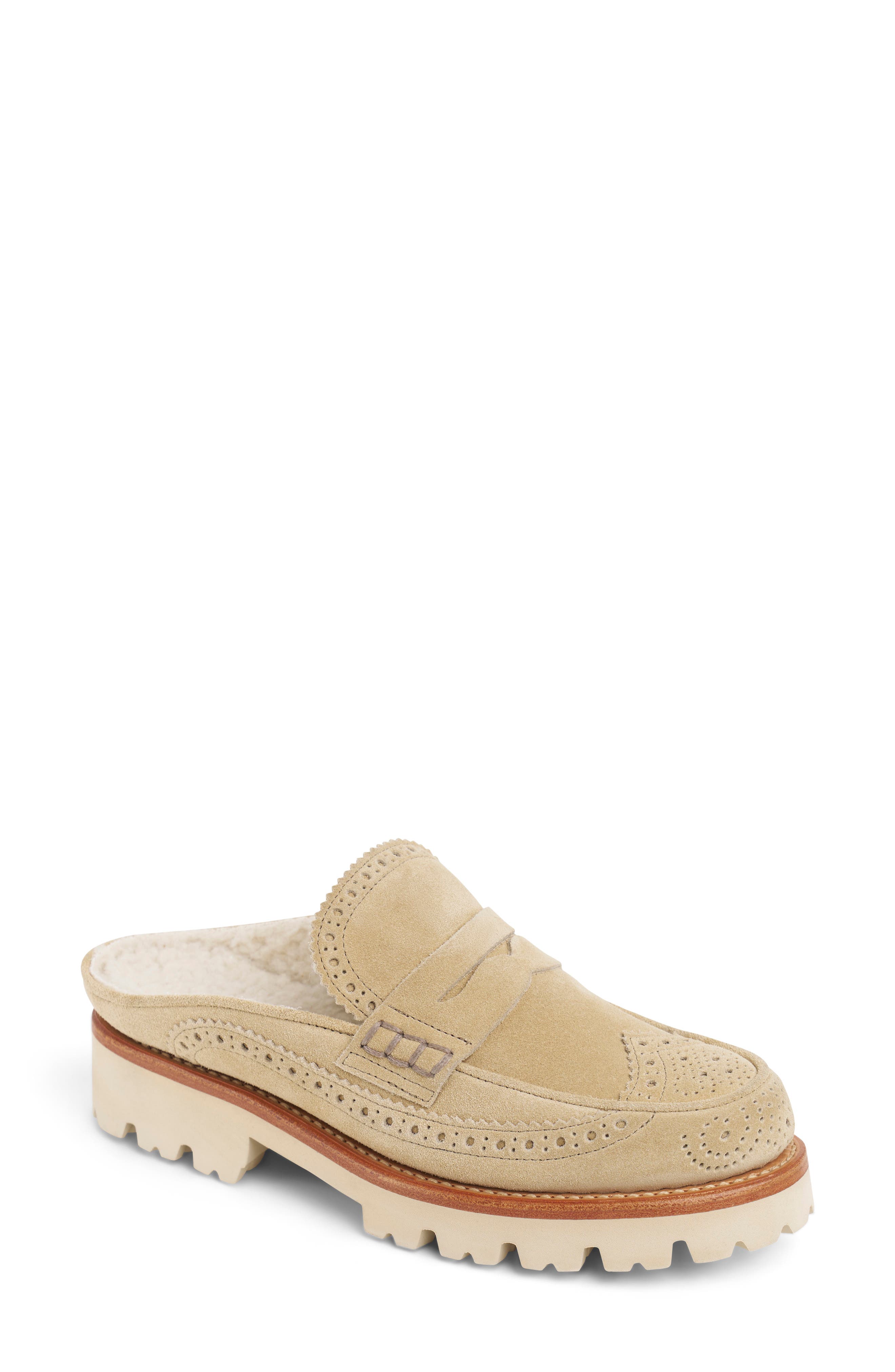 Miss Emma Genuine Shearling Trim Loafer Mule, Main, color, TAN SUEDE