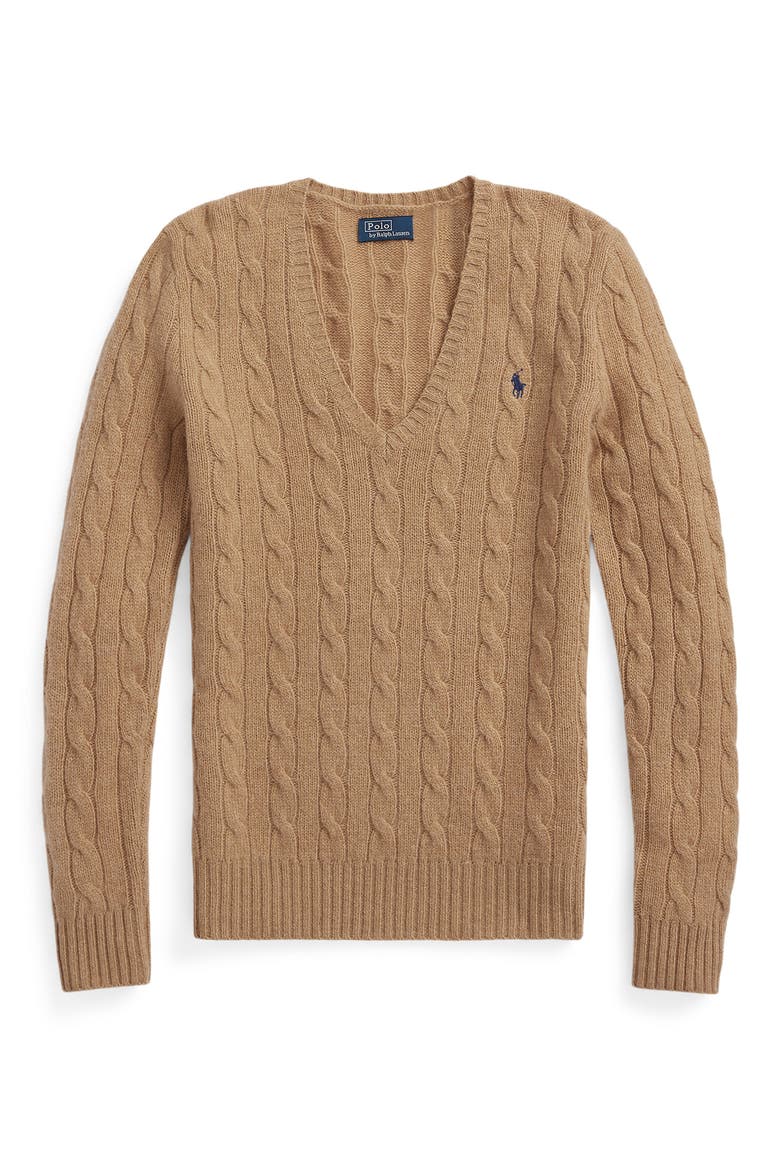 Kimberly Cable Wool & Cashmere V-Neck Sweater, Alternate, color, COLLECTION CAMEL MELANGE