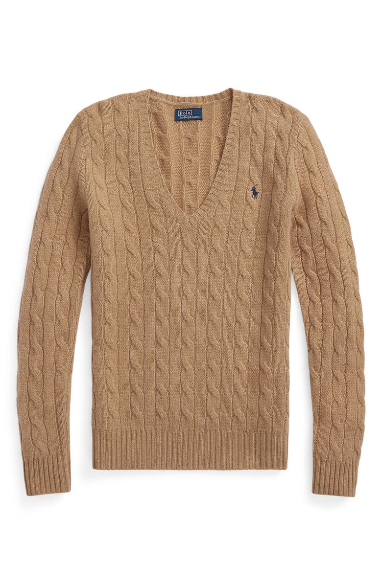 Polo Ralph Lauren Kimberly Cable Wool & Cashmere V-Neck Sweater, Alternate, color, Collection Camel Melange