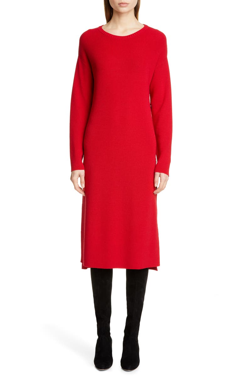 Fuzzi Side Button Long Sleeve Midi Sweater Dress, Main, color,