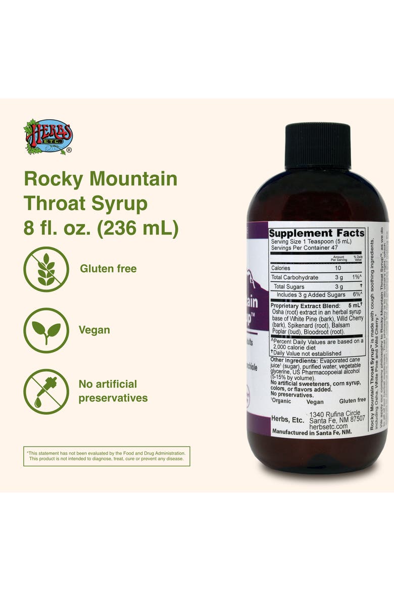 Rocky Mountain Throat Syrup - Supports Throat Wellness - Soothing Lung Health Support - Supports Sinus, Throat, Bronchiole & Lung Health - Gluten-Free & Vegan - 8 fl oz, Alternate, color, No Color