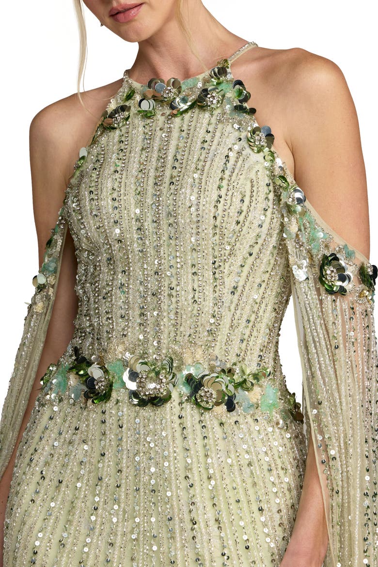 Embellished Column Gown With Cape Sleeves, Alternate, color, Seafoam