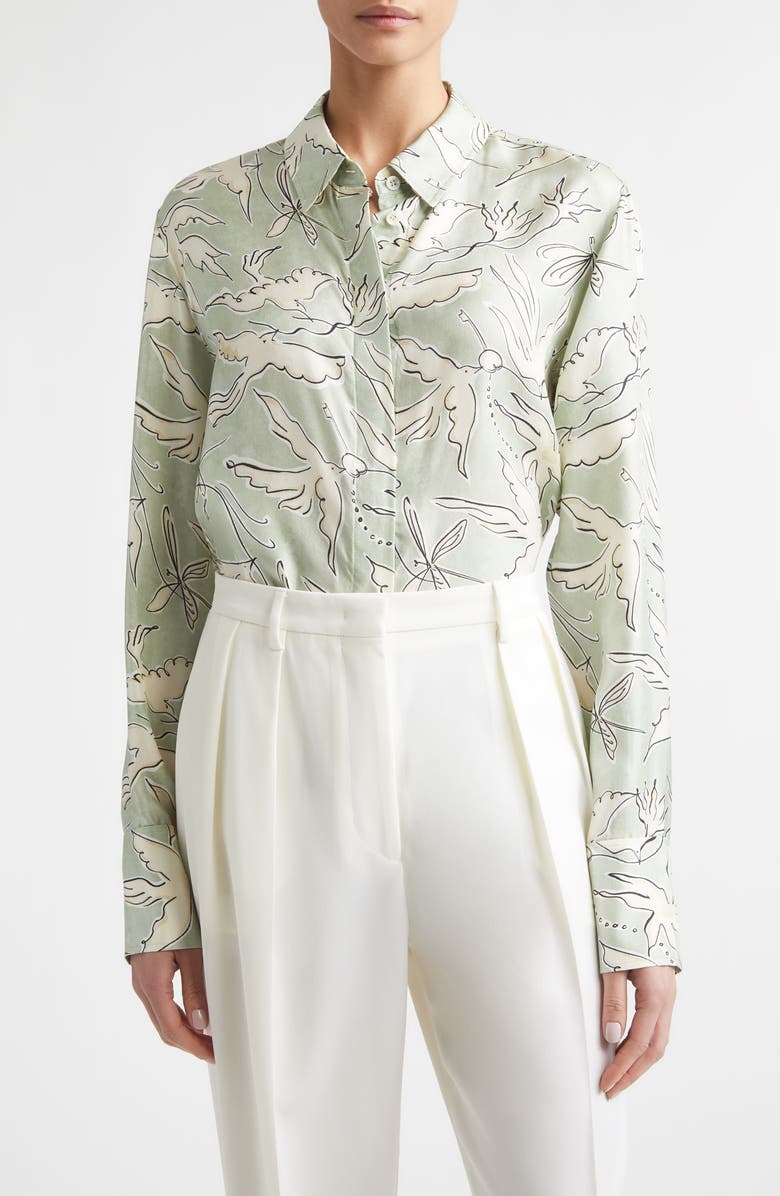 Altuzarra Chika Bird Print Silk Button-Up Shirt, Main, color, 378398 Desert Sage Bird