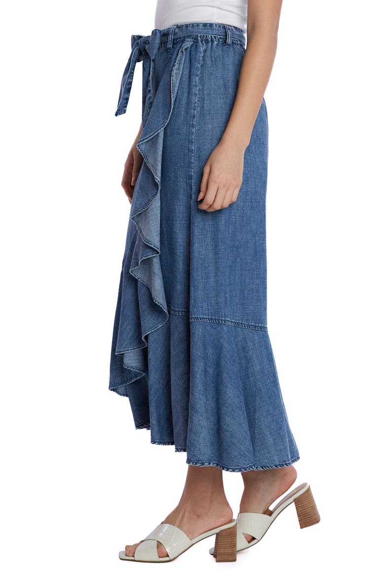 Ruffle Faux Wrap Denim Midi Skirt, Alternate, color, TIDE BLUE