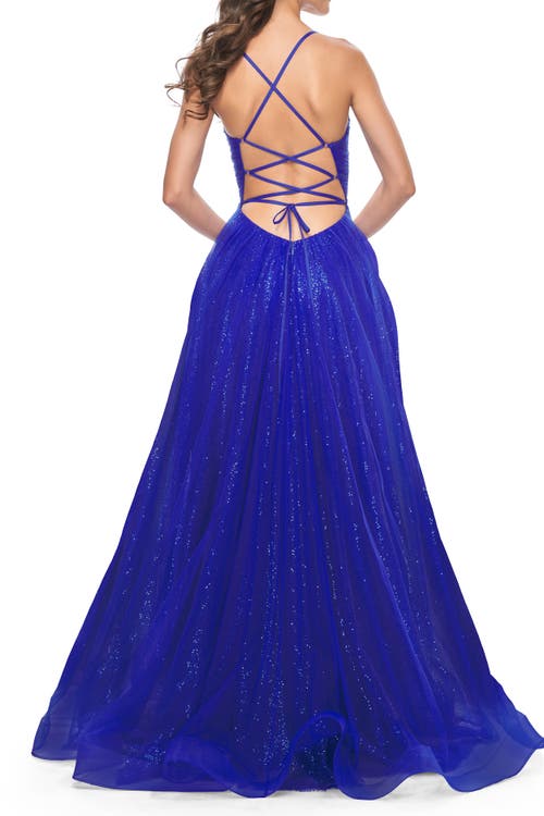 La Femme A-line Prom Dress With Sequin Lining And Illusion Top In Electric Blue