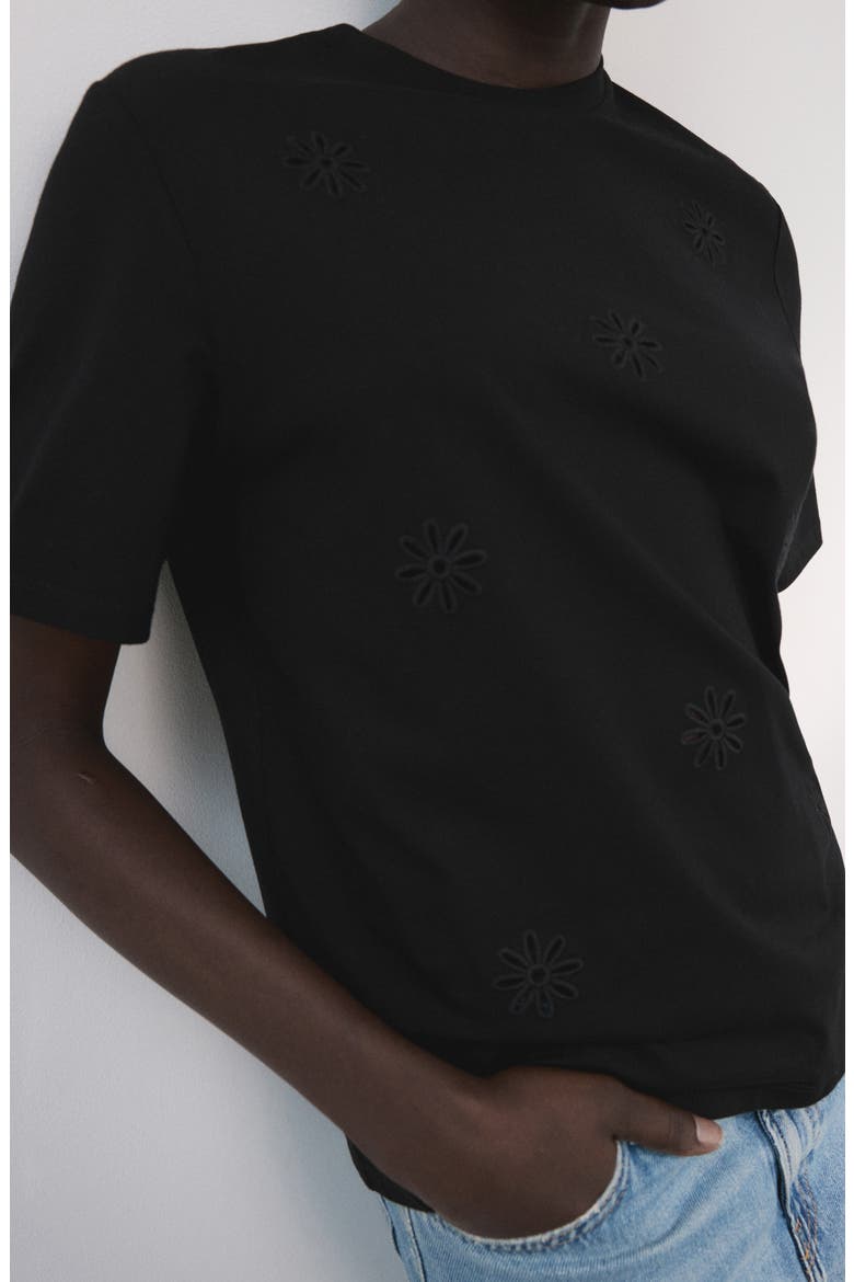 Floral Embroidered Cotton Tee, Alternate, color, BLACK