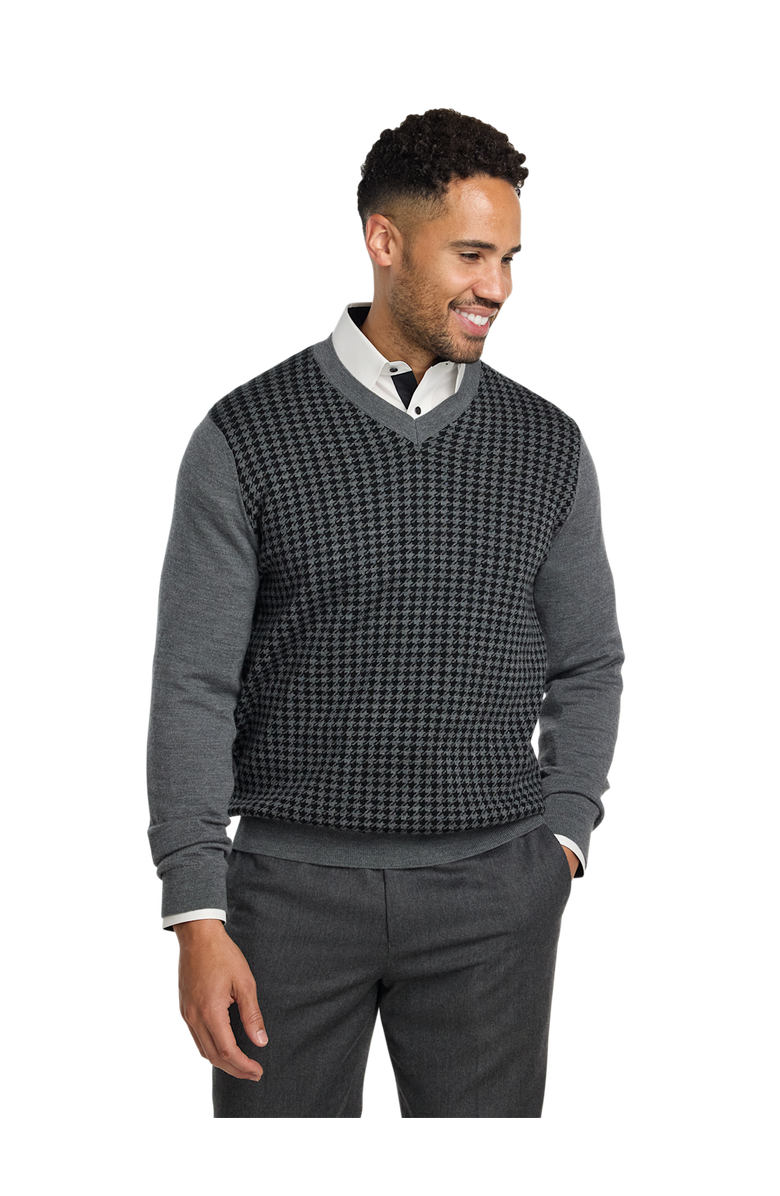 Paul Fredrick Washable Merino Wool Houndstooth V-neck Sweater, Alternate, color, Black/Grey
