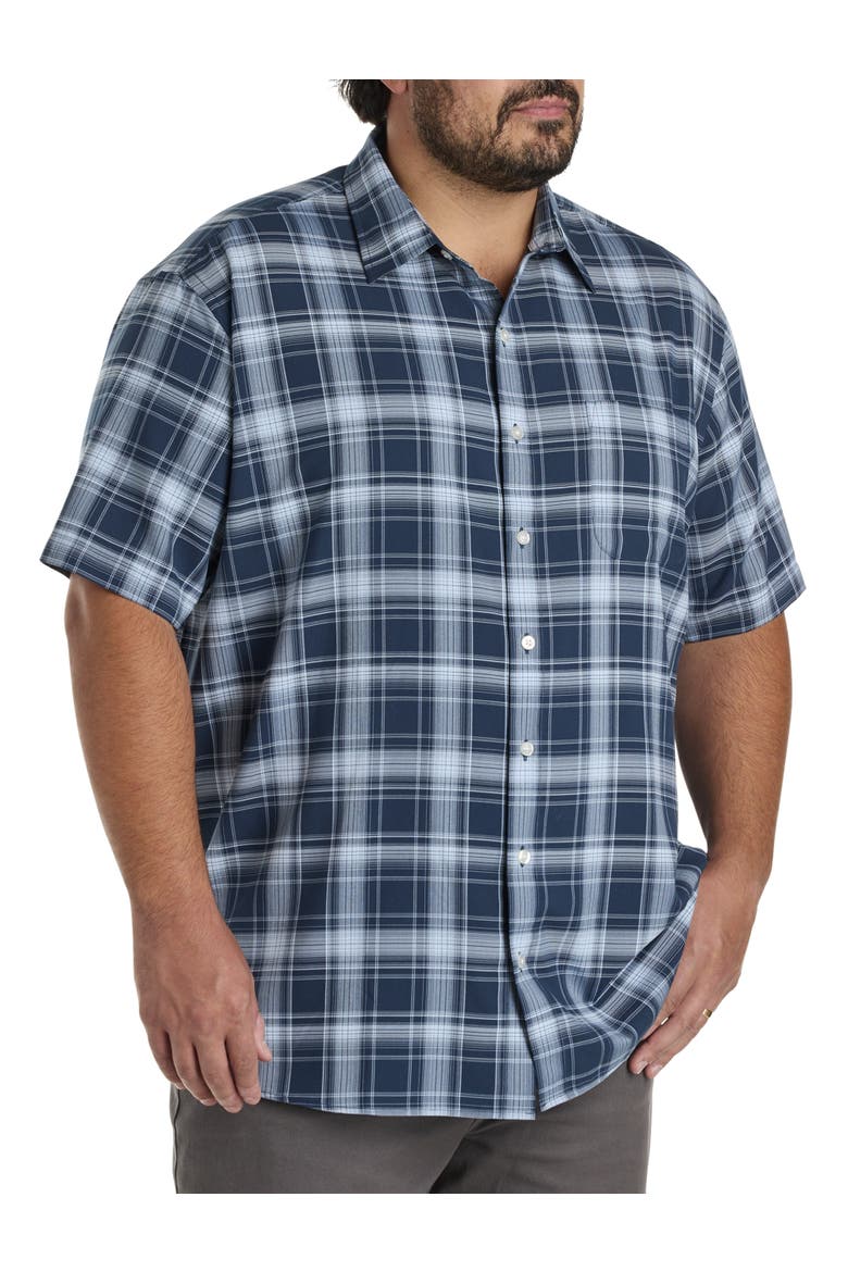 Big & Tall Large Plaid Microfiber Sport Shirt, Main, color, NAVY