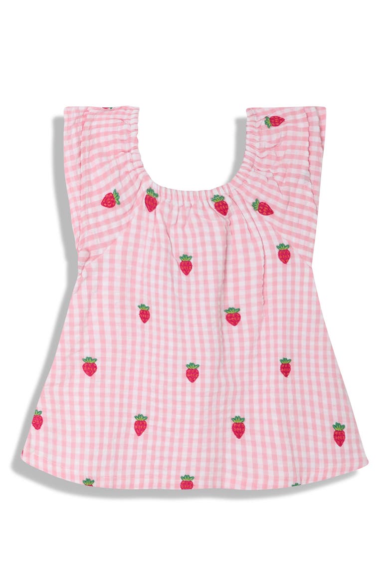 Gingham Check Strawberry Embroidered Cotton Seersucker Top & Shorts Set, Alternate, color, PINK