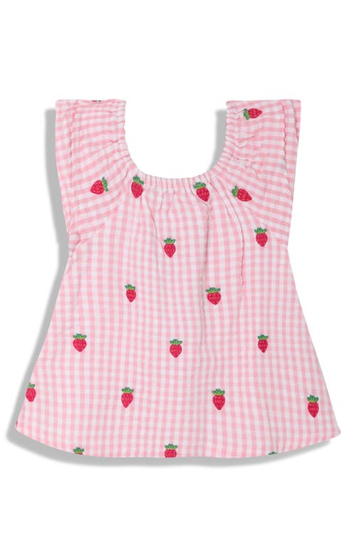 JOJO MAMAN BÉBÉ JOJO MAMAN BEBE GINGHAM CHECK STRAWBERRY EMBROIDERED COTTON SEERSUCKER TOP & SHORTS SET