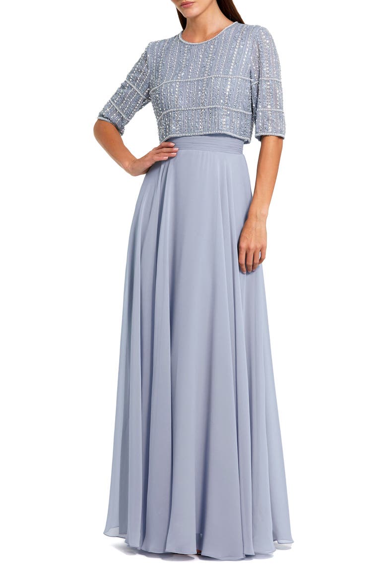 Fully Beaded 3/4 Sleeves Top Chiffon Gown, Main, color, Powder Blue