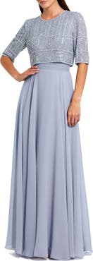 Mac Duggal Fully Beaded 3/4 Sleeves Top Chiffon Gown