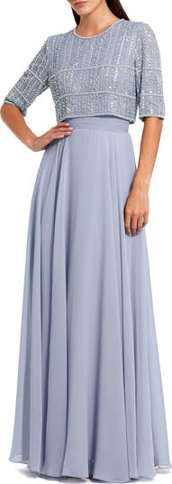 Mac Duggal - Navy Chiffon Gown w/ Fully Beaded 3/4 Sleeve Top - US 2 Mac Duggal - Navy Chiffon Gown w/ Fully Beaded 3/4 Sleeve Top - US 2