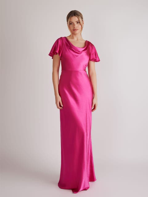 Flutter Sleeve Satin Bridesmaid Dress
