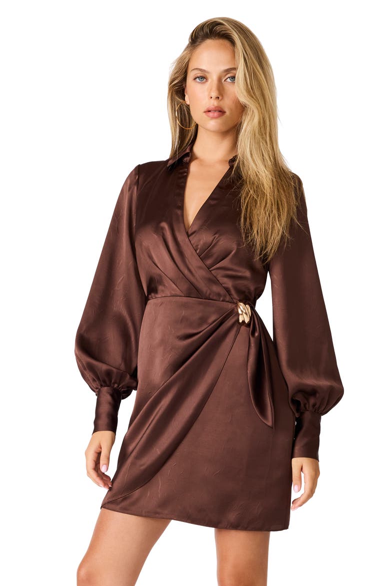 Ailani Faux Wrap Minidress, Alternate, color, SHAVED CHOCOLATE