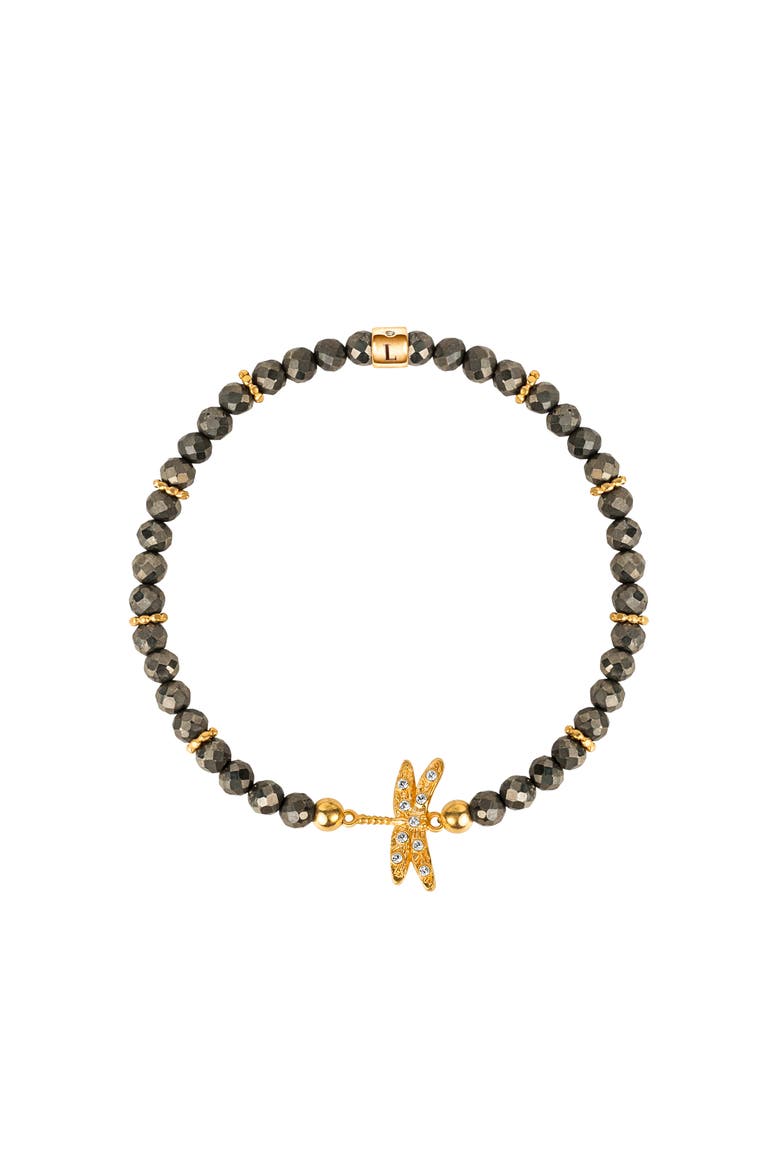 Pyrite Dragonfly Charm Gold Plated Women's Beaded Bracelet - Emotional Maturity, Main, color, Dark grey/gold