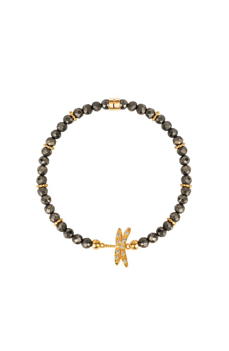 Karma and Luck Pyrite Dragonfly Charm Gold Plated Beaded Bracelet Emotional Maturity, Main, color, Dark Grey/Gold