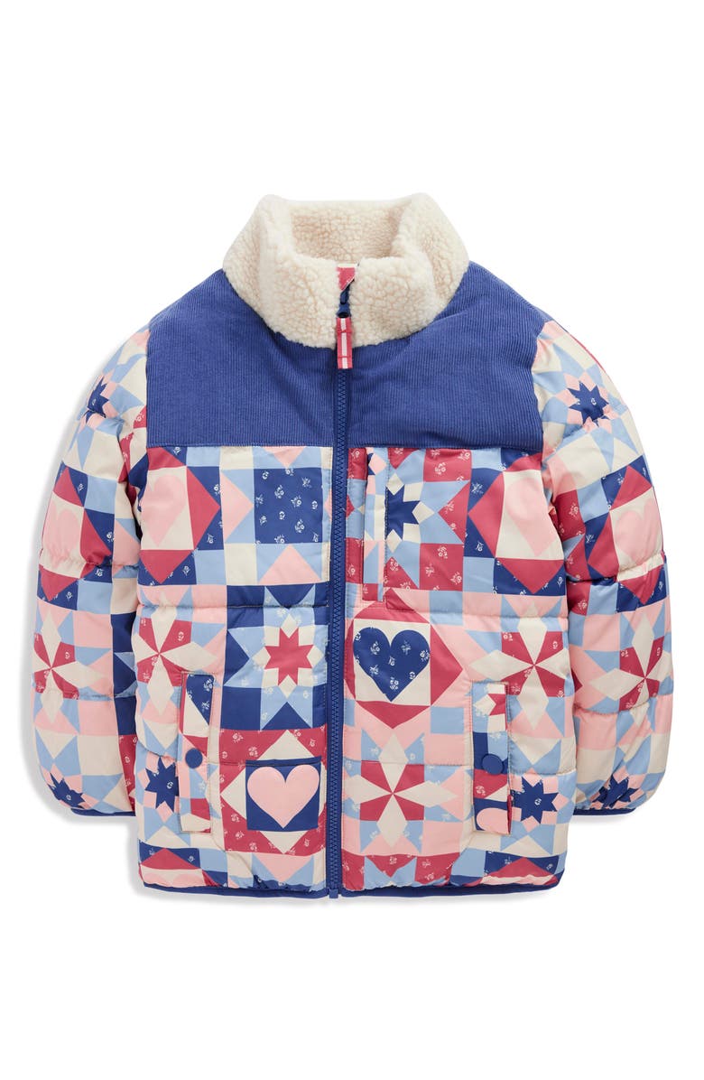 Mini Boden Kids' Cozy Mixed Media Puffer Jacket, Main, color, Heart Patchwork