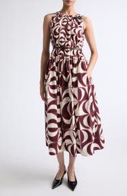 Max Mara Abstract Geo Print Belted Cotton Midi Dress