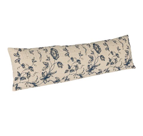 Long Patterned Cotton and Linen Lumbar Pillow, Blue