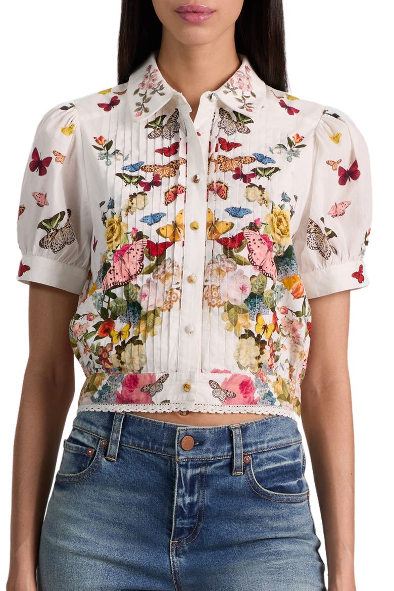 Rosie Butterfly & Floral Print Pleated Cotton Button-Up Shirt, Main, color, SOLAR STRENGTH OFF WHITE