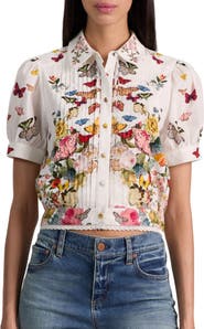 Alice + Olivia Rosie Butterfly & Floral Print Pleated Cotton Button-Up Shirt