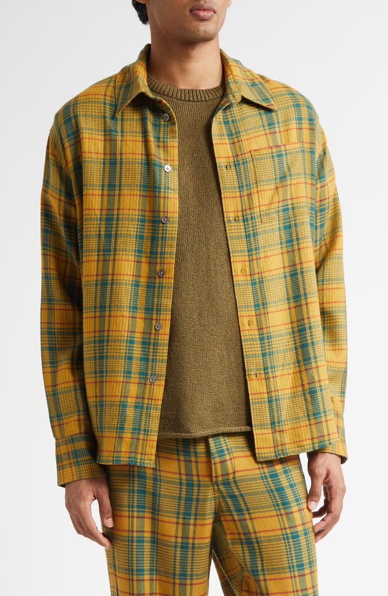 The Elder Statesman Plaid Pashmina Big Cashmere & Wool Button-Up Shirt, Main, color, Sunshine Plaid