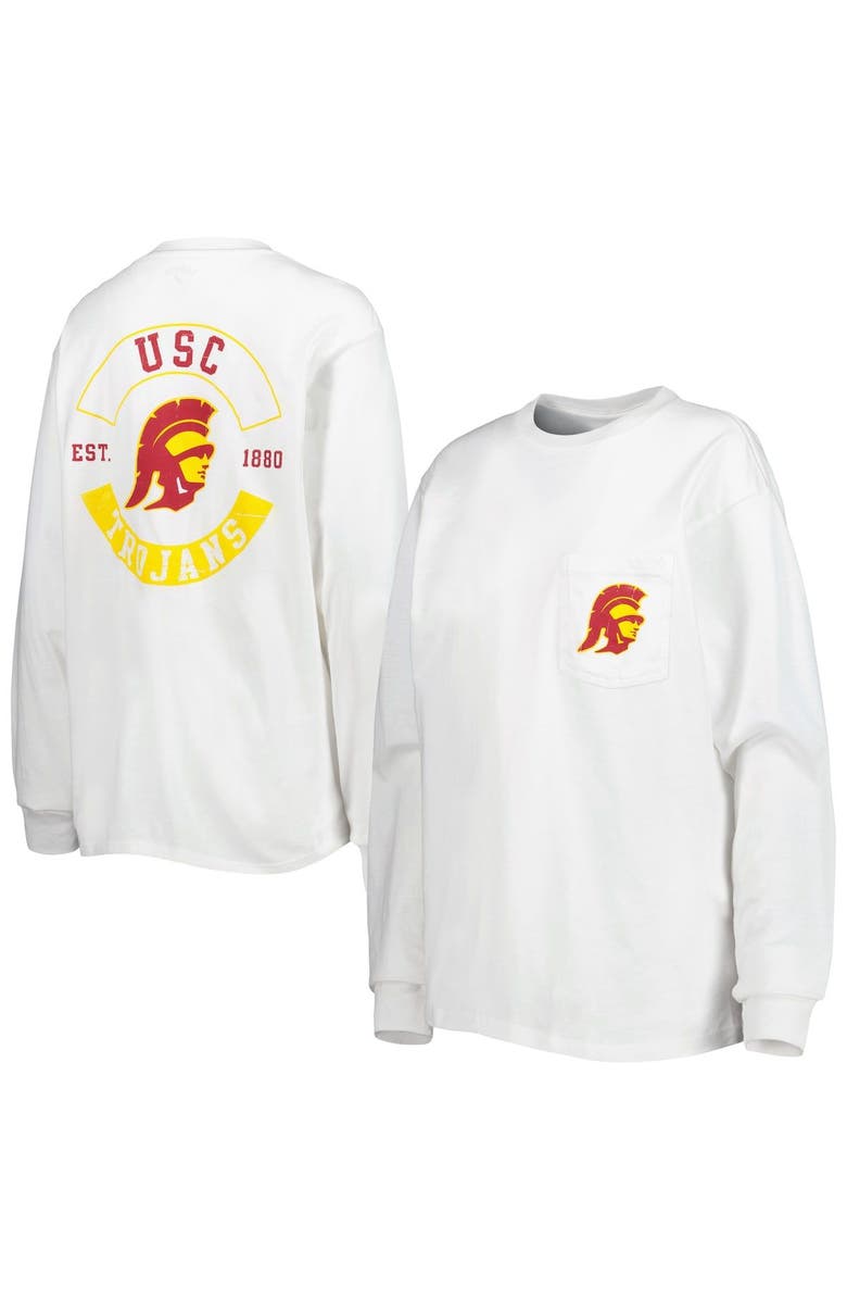 LEAGUE COLLEGIATE WEAR Women's League Collegiate Wear White USC Trojans Oversized Pocket Long Sleeve T-Shirt, Main, color, 