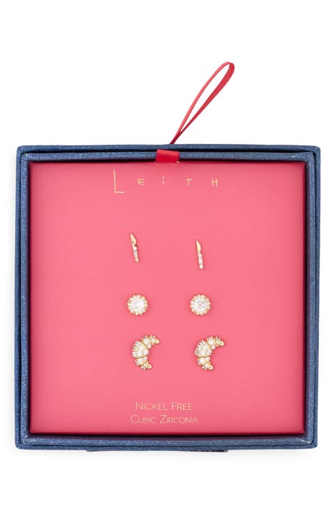 Set of 3 Cubic Zirconia Croissant Stud Earrings