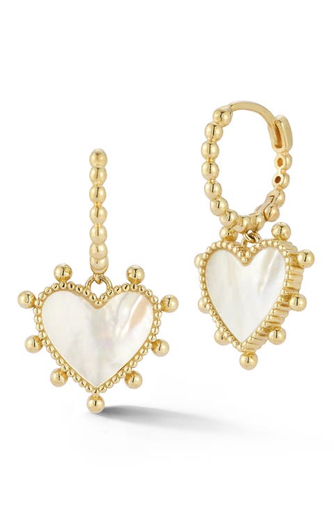 14K Gold Mother of Pearl Heart Drop Earrings