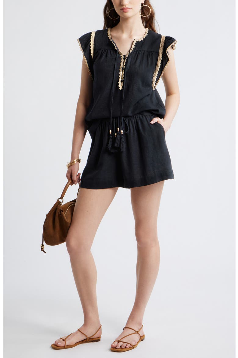 Beaded Tassel Linen Blend Shorts, Alternate, color, BLACK