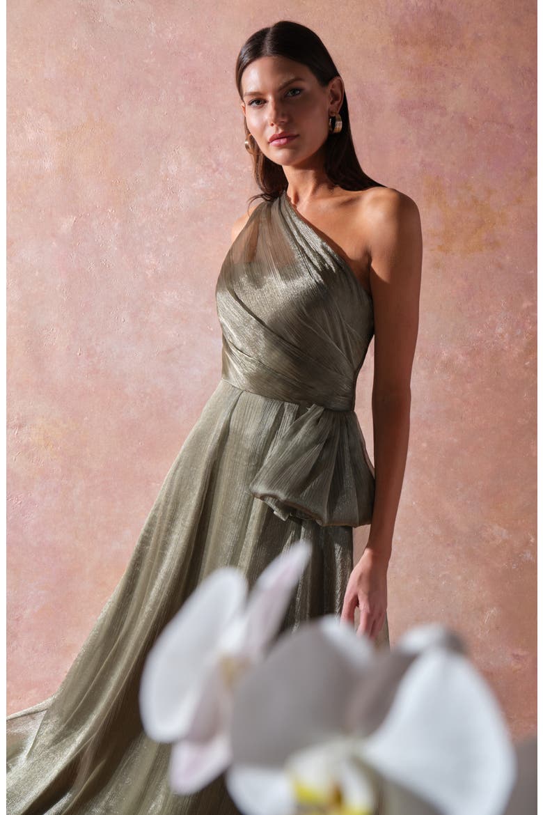 Kairi One-Shoulder Taffeta Gown, Alternate, color, CELADON