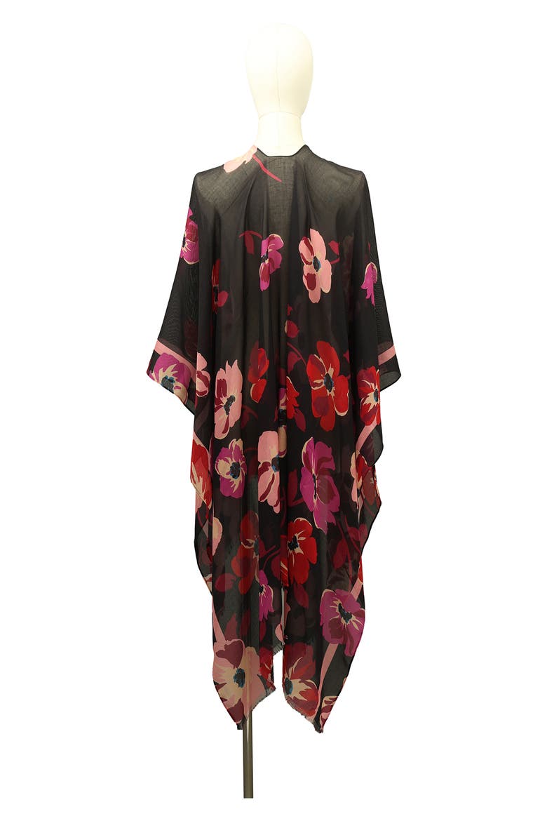 fall poppies silk ruana, Alternate, color, BLACK