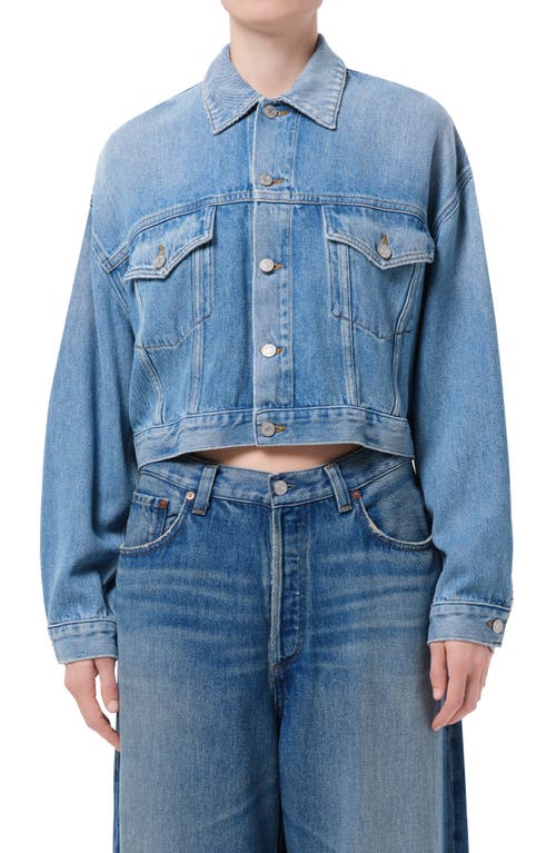 AGOLDE Palmer Denim Trucker Jacket in Script Med Tinted Indigo at Nordstrom, Size Medium