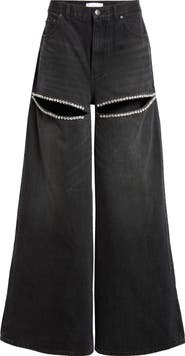 Area Crystal Embellished Cutout Wide Leg Jeans
