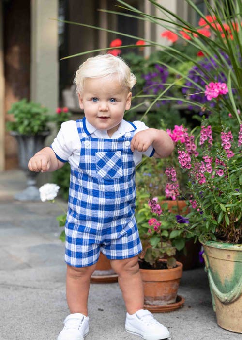 Florence Eiseman Plaid Seersucker Shortall With Front Pocket In Blue