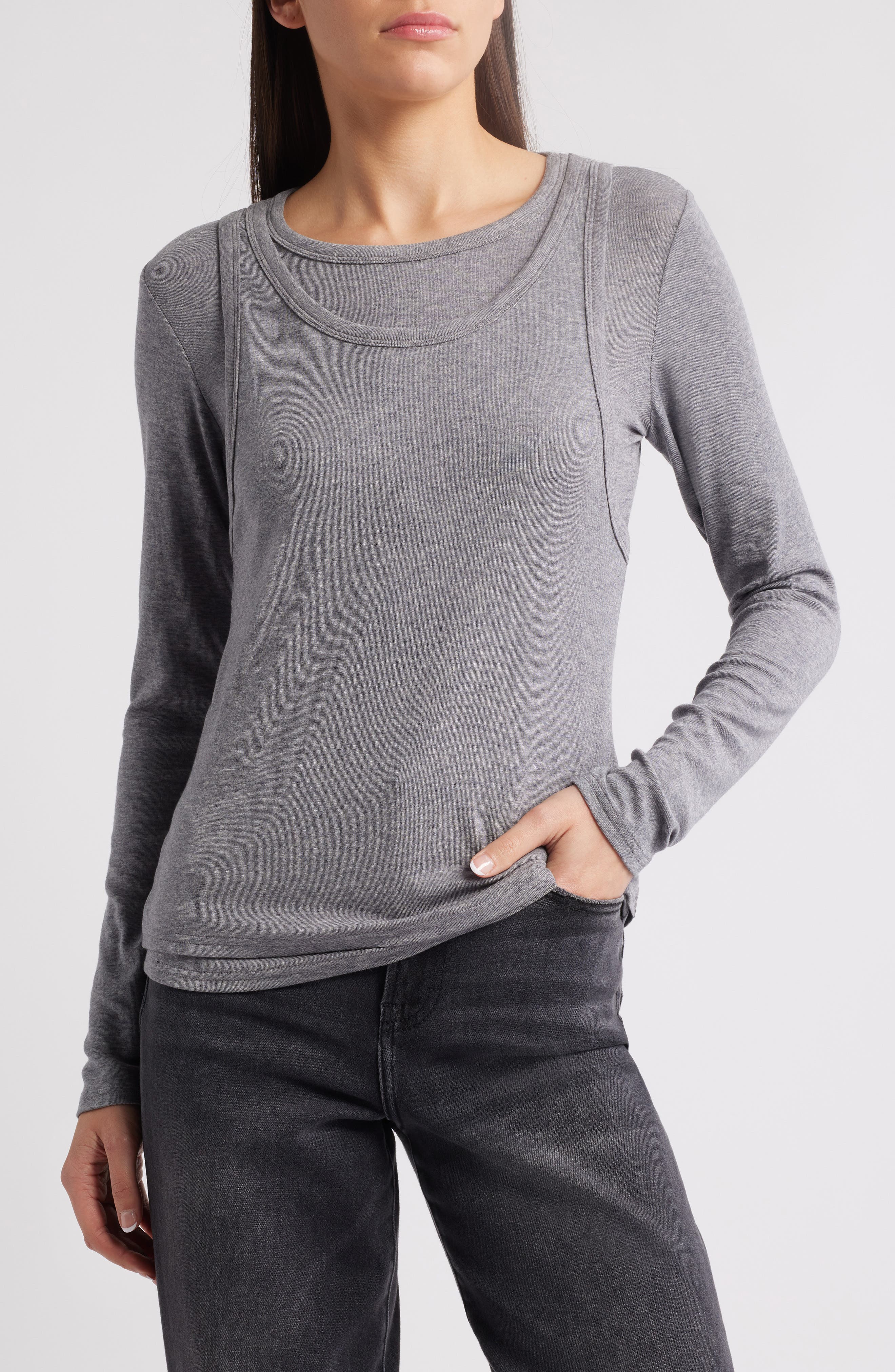 Shop Double Layered Tank Long Sleeve Jersey Top on Sale at