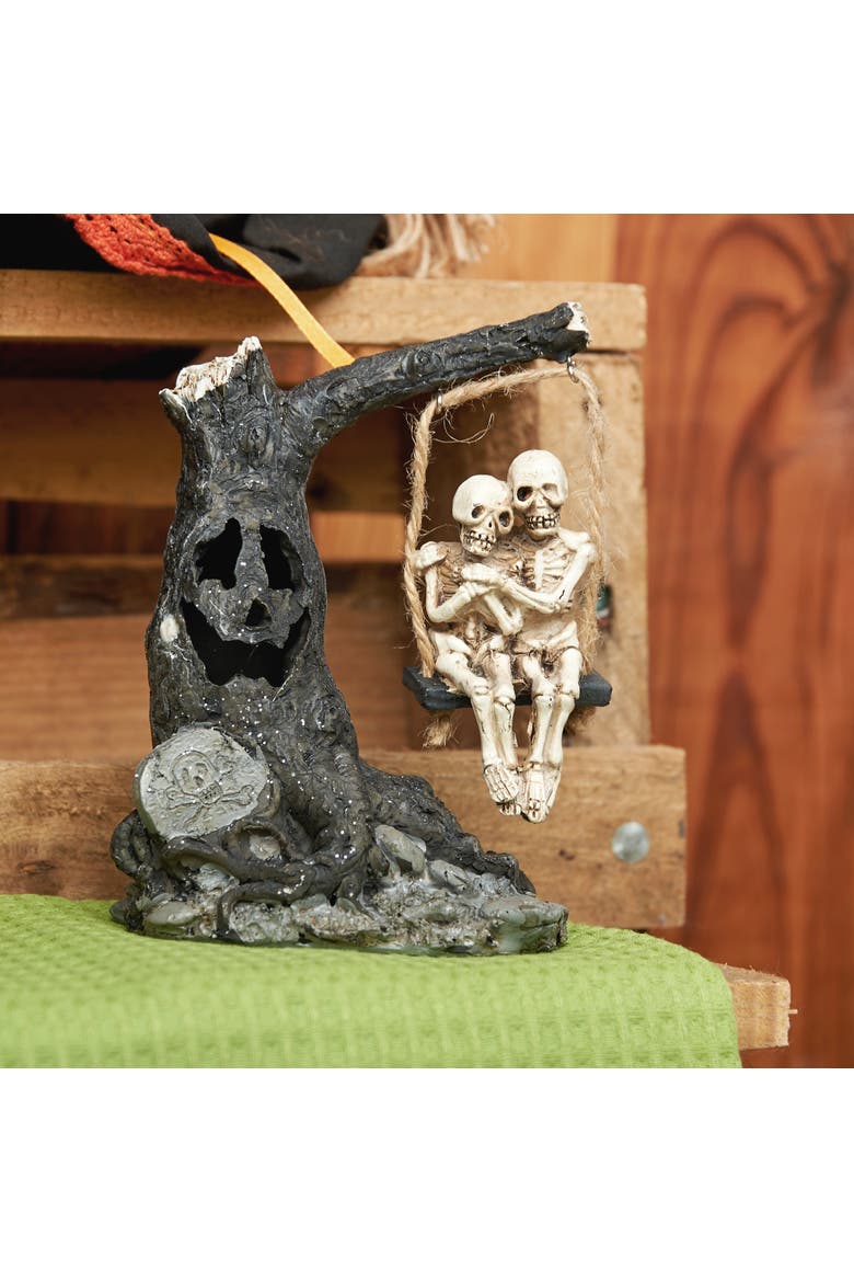 Glowing Eyes Halloween Tree & Skeleton Couple Swing Light-Up Led Figurine, Alternate, color, Brown