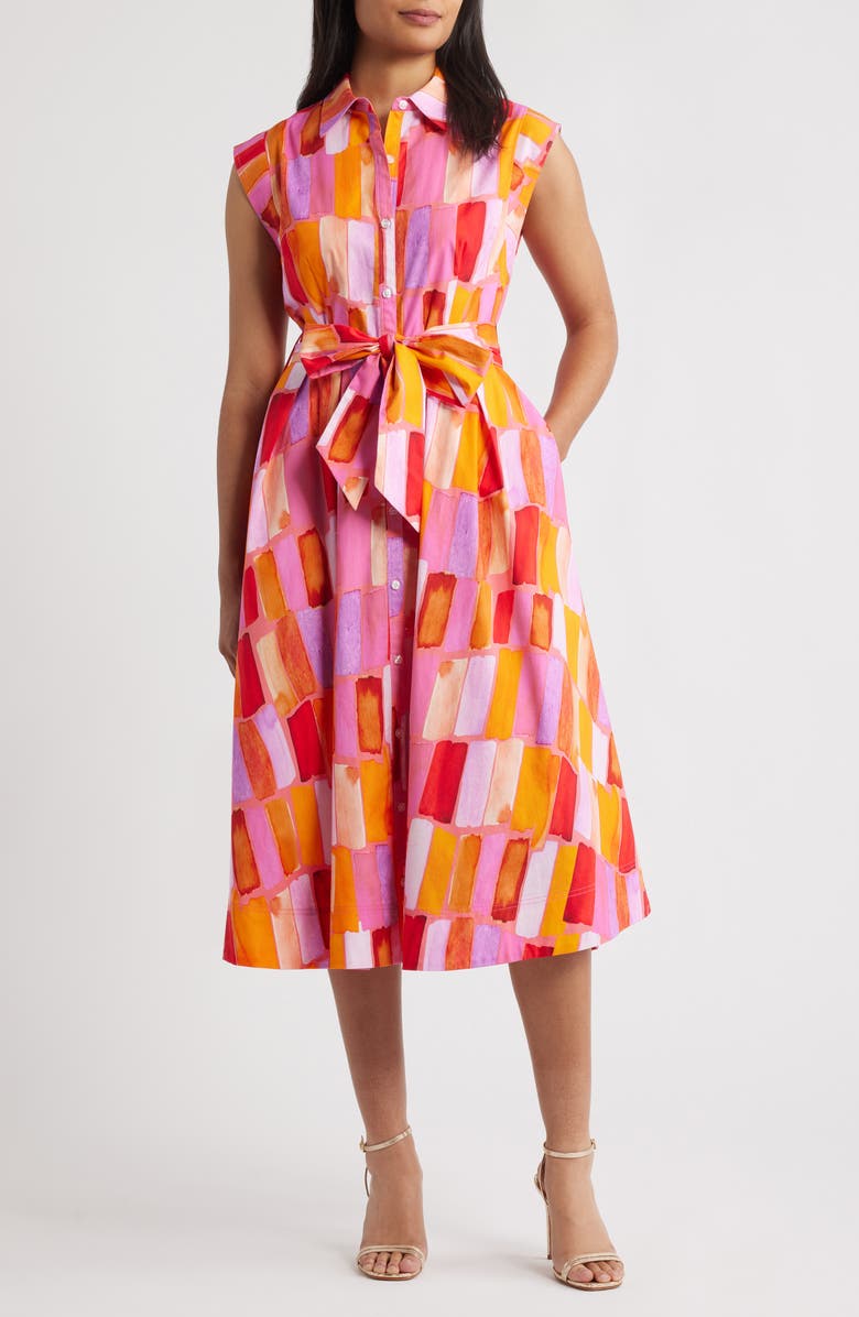 Milly Jules Sunset Tile Stretch Cotton Midi Shirtdress, Main, color, Pink Multi