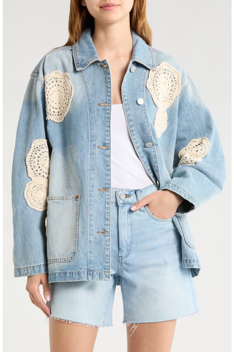 Crochet Appliqué Denim Chore Jacket, Main, color, SURF CAMP